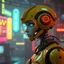 Placeholder: a feminine android robot, yellow, dystopia, cyberpunk, neon vintage anime