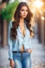 Placeholder: the genre is modern, a beautiful woman model and actress, long hair, bright eyes perfect facial features,wearing pants and pretty shirt, a very beautiful favorite, a full body, he stands tall, background bokeh