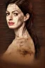 Placeholder: an abstract painting of rusted wood, Anne Hathaway, big black hair,wet face, Viking style, 8K, a Highly detailed stunning full frame portrait, wide-angle view, a