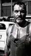 Placeholder: close up photography of a strong serious 50 years old chubby italian car mechanics man in dirty overalls and tank top, repairing a car, stand up near a car, tattoo, bulge, short beard, in a dirty street, dirty and ugly, bullneck, manly chest, in tank top, emotive eyes, sunlight, photorealism , ultra defined , photorealistic