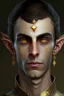 Placeholder: a wealthy half elf young man with pointy ears and gold sclera eyes with no pupils, wears lots of jewelry