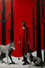 Placeholder: Escena de caperucita roja donde se encuentra con el lobo estilo René Magritte