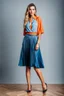 Placeholder: full body of very beautiful lady midi blue pleated skirt and orange bluse , Braided hair ,standing idle happy pose in studio pretty makeup