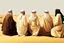 Placeholder: Four Arab sheikhs sitting in the desert wearing typical Arab dress, looking towards the four cardinal points. A talll fat european man in business suit wathcing them while thinking.