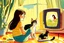 Placeholder: brunette girl watching tv with a cat, children's book illustration in style of Brigette Barrager, Sven Nordqvist and Nicole Rubel in sunshine