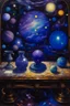 Placeholder: A violet space with stars, planets, and hourglasses painted by Vincent van Gogh