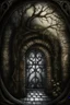 Placeholder: magic building, round windows, door, brickwork, ornament of branches and leaves, mysticism, fantasy, Gothic detailing, grunge canvas, oil, magic, fantasy, soft illumination, haze, ink, fine drawing, megadetalization, megarealism, drawing in colored ink, dark tones