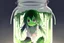 Placeholder: moody anime girl, scared face trapped in a jar with slime, feet point view,