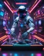 Placeholder: An astronaut playing turntable as DJ player in futuristic, sci-fi armor ,positioned in front of a complex control panel filled with various buttons and switches that are also illuminated, in a background resembling a corridor or chamber adorned with neon lights creating a sci-fi atmosphere, with more neons light colors,play music dj player