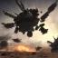 Placeholder: Armored Core fight another Armored Core fly in the sky in the desert with beside the ocean where you can see the space in the sky with twilight on the horizon, 4k resolution