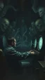 Placeholder: Man controls inside a dark submarine in a delusional state haunted by ghostly images, paint it in the baroque style, as if the man is horrified