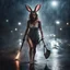 Placeholder: sytlish digital illustration, disheveled soaking wet woman in bunny costume with limp ears in middle of the road illuminated by headlights, dragging a axe in one hand, Dramatic, heavy rain, creepy, complex contrast, dynamic composition, scary, horror movie