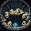 Placeholder: From the perspective of the bottom of a well, creepy Minions looking over the edge down at you, by Mark Brooks, dark bright colors.