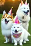 Placeholder: Cute, fluffy, happy looking white Samoyed dog with a small Corgi dog sitting next to it, colorful, summer time, birthday, festive atmosphere, detailed, congratulating