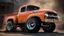 Placeholder: ford 56 truck, orange and blue painted, dirty, on dusty street, tooned style, big engine, big wheels, racing mode, darknight background. 3/4 view, high resolution picture.