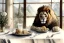 Placeholder: Lion sitting at a table eating garlic and drinking milk. Highly detailed, smooth colours, realistic landscape. Aquarell