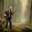 Placeholder: georges st pierre with a red plaid shirt a backpack and a rifle in a creepy forrest with zombies