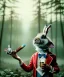 Placeholder: Ultra realistic photography, happy drugged Alice woman with rabbit smoking a pipe in Wonderland, wide angle view, Wes Anderson style, forest, wild marihuana plants, rain, color fog, color smoke. Party people background, soft color, highly detailed, unreal engine 5, ray tracing, RTX, lumen lighting, ultra detail, volumetric lighting, 3d, finely drawn, high definition.