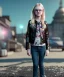 Placeholder: Elle fanning toddler, full body, city background, leather jacket, floral shirt