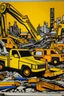 Placeholder: A light orange colored junkyard with construction vehicles painted by Roy Lichtenstein