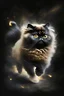 Placeholder: happy himalayan persian cat with gold eyes, dark smoke color back and top of head, longer black nose, running through the universe chasing moths.