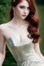 Placeholder: full shot body of very beautiful Woman with pale skin makeup , green eyes, long auburn hair, high fashion sexy silver dark gray lace dress , country side ,river ,country houses ,sharp focus.