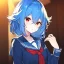 Placeholder: Clear focus, High resolution, rough line sketch art, cute, cartoon, medium blue hair, hair between eyes, fluffy hair, red eyes, wearing a sailor uniform