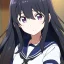 Placeholder: Clear focus, High resolution, long black fluffy hair, long locks, chopped bangs, purple eyes, wearing a sailor uniform, (solo), anime screencap