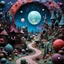 Placeholder: Detailed creepy landscape made of modeling clay, people, village, stars and planets, Roger Dean, naïve, Tim Burton, strong texture, Ernst Haekel, extreme detail, Max Ernst, decal, rich moody colors, sparkles, bokeh, odd, giant boy as a background