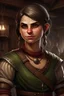 Placeholder: Dungeons and dragons orc young woman. She has orc skin. She is kind. She is handsome. She has nice eyes. She has short hair. She is strong. She is in a tavern. She has broad shoulders. She has a large jaw. She wears casual peasant clothes. Realistic style