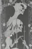 Placeholder: A shadowed hand holds a highly detailed, hand drawn skull, anatomically correct, with a crown hovering above, representation of Hamlet by John Austen, in the Aubrey Beardsley style, inspired by the gothic, macabre and fantastical, highly aesthetic, art nouveau design with striking black-and-white illustrations with hints of Red, Beardsleyesque, high quality, modern classical art, Hamlet Skull