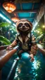 Placeholder: fish-eye photo of furry hairy pimp rocker alien gremlin sloth indian on bridge over water slide magically levitating in dark lit reflective wet jungle hall hotel tunnel, in the style of fallout 4 game,bokeh like f/0.8, tilt-shift lens 8k, high detail, smooth render, down-light, unreal engine, prize winning