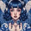 Placeholder: A beautiful portrait painting of a Singer Melanie Martinez face by Katsushika Hokusai, beautiful cyberpunk huge girl, symmetry, hyperdetailed, illustration darkblue tones,