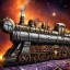 Placeholder: Steampunk locomotive train, ornate silver and gold engraved, white smoke billowing from the chimney as it passes through a narrow gap surrounded by tall trees. Stars and Galaxies fill the night sky.8K polished in the style of Josephine Wall, Brian Froud.Thomas Kinkade