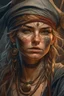 Placeholder: Closeup portrait of a pirate, wild and crazy, bandana, eye patch, golden hoop earrings, tattered and ripped clothes, detailed tattoos, rough and rugged, art by alphonse mucha, kai carpenter, ignacio fernandez rios, charlie bowater, noir photorealism, ultra real.