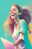 Placeholder: Cheerful woman standing up and using a laptop, pastel colors, detailed, lost edges. bright.