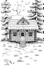 Placeholder: Create an illustration of an adorable, Cozy Cabin, A charming log cabin surrounded by trees, drawn in a simple, easy-to-color style. The drawing should be reminiscent of classic children's book illustrations. It should be black and white, leaving plenty of room for a 4-year-old child to showcase their coloring skills