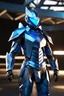 Placeholder: neon blue, flying parts of armor in form of triangles, cyber armor, geometric patterns on armor, male, orbiting triangle