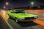 Placeholder: Fotorealistisch limettengrüner 1973er Plymouth Barracuda überholt orangen 1980er Chevrolet Camaro Z28 auf nächtlicher Autobahn