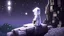 Placeholder: Minecraft Character, minecraft theme, purple starry sky, meditating, facing back, wearing gown, minecraft style, in between two cliffs, white clothes, edge to edge