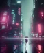 Placeholder: circular white moon, 3D, beautiful, light reflecting, empty city, midnight, rainy night, neon, cyberpunk, person walking