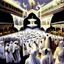 Placeholder: The scene in Mecca: People wearing white Ihram clothes, men without head coverings, women with veils, circumambulating around the Kaaba, and above them are transparent white spirits of children, men, and women with wings revolving around the Kaaba.