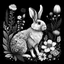 Placeholder: a beautiful rabbit between seeds and big flowers black background .black and white colors. for a coloring book . with grayscale