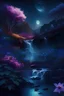 Placeholder: beautiful land in space,night lights,flowers,river,waterfall,trees
