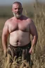 Placeholder: photography of a relaxing tired burly chubby stocky muscular tattooed sicilian farmer 50 years old under the sun sitting down in a wheat field,, ugly, manly chest, sweat, with the shirt open, bulging boxer, frontal view from the ground, 35mm lens , countryside