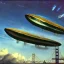 Placeholder: galaxian fantasy airships flying over San Francisco Bridge in a cloudy sky,Giant sci-fi super-panzer in the style of John Berkey