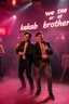 Placeholder: An "Identical twins" performing at dance club, theyre name is "Martin and Mercurius" Happy and celebrity look, , Neon lights and smog, "We are the kebab brothers" big sign on the wall