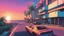 Placeholder: comic book illustration looking straight ahead,synthwave colors in Miami beach, sunshine, blue sky, art inspired in GTA VI game, cinematic light, 4K, no cars, synthwave