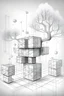 Placeholder: Metabolism, concept - LINES, CUBES, no support at bottom and cubes in the air with superimposition of tree- Architectural concept