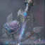 Placeholder: A fantasy zweihander, the blade is made up of glimmering ice, it's hilt is crafted from swirling vines, leading to a vibrant rose crystal at the pommel, with a black background behind it.